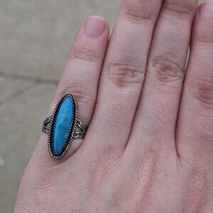 925 Sterling Silver Vintage Turquoise Long Braided Stone Fashion Ring Size 4.5
